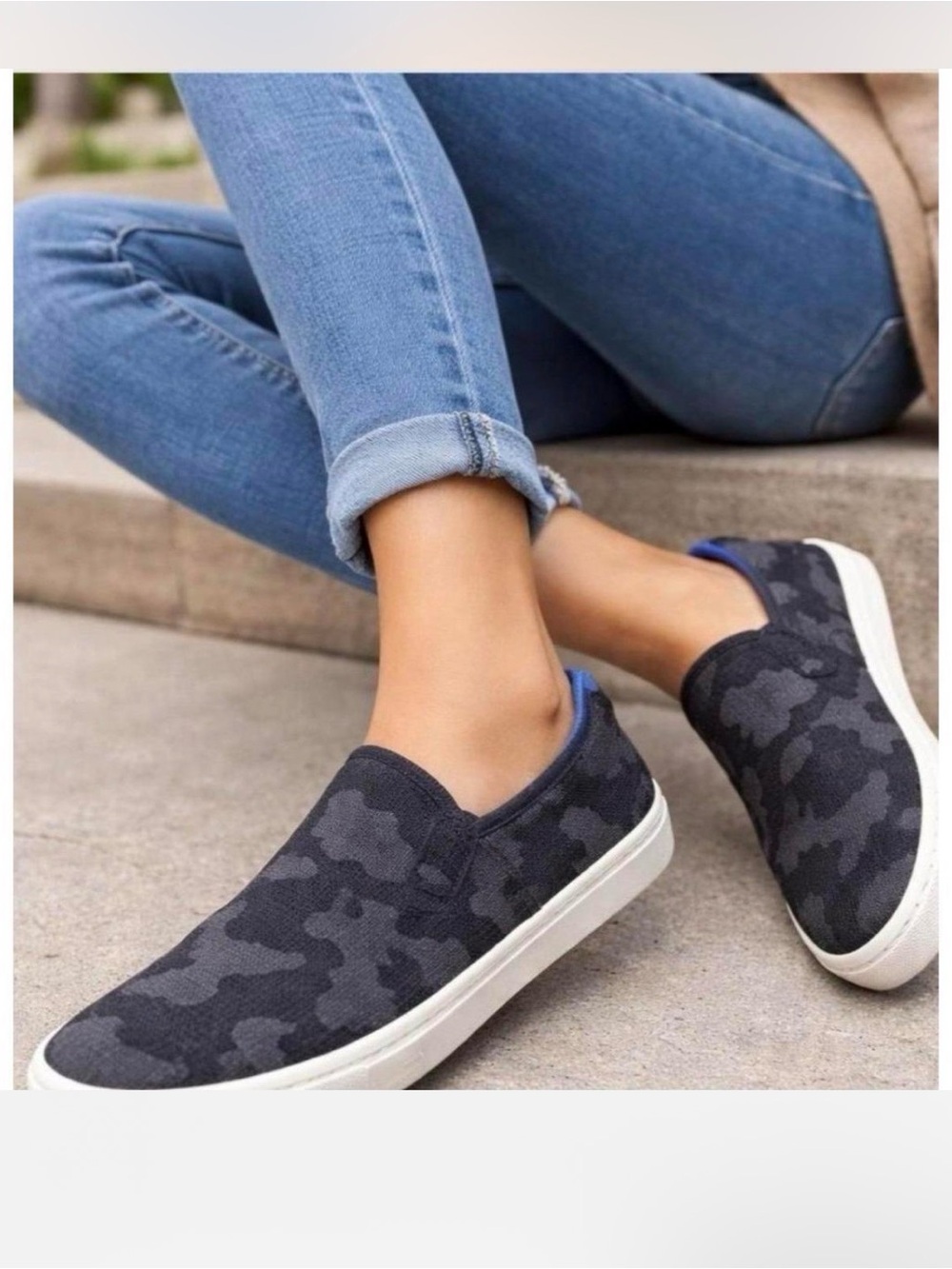 Rothy's The Original Slip-On Sneakers, black grey camo w blue accents, sz 7,guc